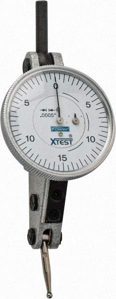 Fowler - 0.06 Inch Range, 0.0005 Inch Dial Graduation, Horizontal Dial Test Indicator - 1-1/2 Inch White Dial, 0-15-0 Dial Reading - Makers Industrial Supply