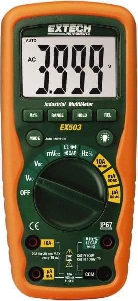 Extech - EX503, CAT IV, 1,000 VAC/VDC, Digital Auto Ranging Average Responding Manual Ranging Multimeter - 40 mOhm, Measures Voltage, Capacitance, Current, Frequency, Resistance - Makers Industrial Supply