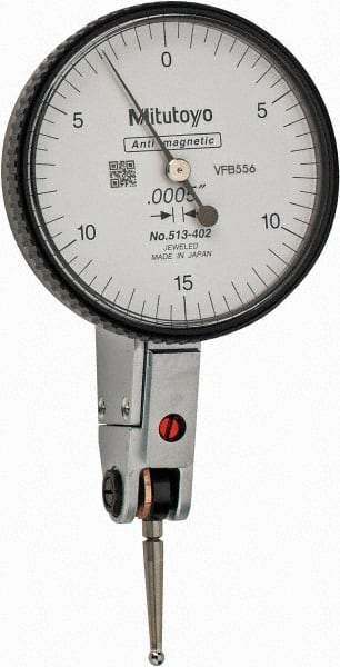 Mitutoyo - 0.03 Inch Range, 0.0005 Inch Dial Graduation, Horizontal Dial Test Indicator - 1.5748 Inch White Dial, 0-15-0 Dial Reading, Accurate to 0.0005 Inch - Makers Industrial Supply