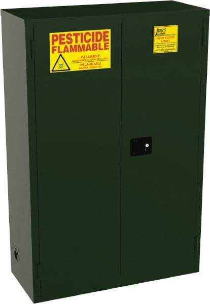 Jamco - 2 Door, 2 Shelf, Green Steel Double Wall Safety Cabinet for Flammable and Combustible Liquids - 65" High x 18" Wide x 43" Deep, Manual Closing Door, 3 Point Key Lock, 45 Gal Capacity - Makers Industrial Supply