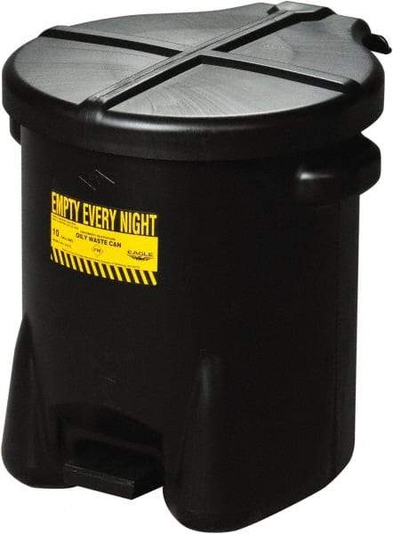 Eagle - 6 Gallon Capacity, HDPE Waste Can with Foot Lever - 13 Inch Long x 16-1/2 Inch Wide/Diameter x 16 Inch High, Black, Foot or Hand Operated, Approved FM and OSHA - Makers Industrial Supply