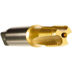 Emuge - 3/8-18 NPT, 3 Flutes, TiN Coated, Cobalt, Interrupted Thread Pipe Tap - 2-9/16 Inch Overall Length, 0.7 Inch Shank Diameter, 1.06 Inch Thread Length, 0.53 Inch Square Size, Modified Bottoming Chamfer, Series KEG - Exact Industrial Supply