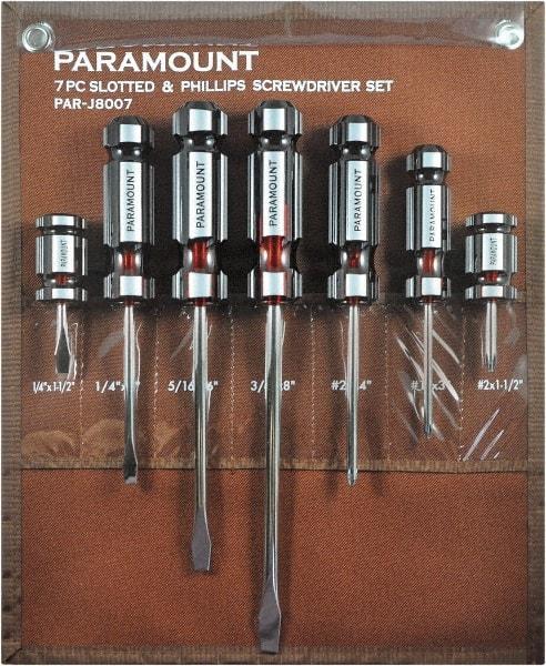 Paramount - 7 Piece Slotted, Phillips & Stubby Screwdriver Set - Blade Sizes: Width 1/4, 5/16 & 3/8, Bit Sizes: Philips #1 & #2 - Makers Industrial Supply