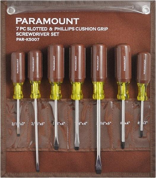 Paramount - 7 Piece Phillips & Slotted Screwdriver Set - Bit Sizes: Philips #0 to #4 - Makers Industrial Supply