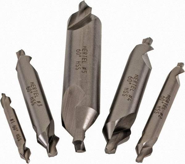 Hertel - #1 to 5, 1/8 to 7/16" Body Diam, 1/8" Point Diam, Plain Edge, High Speed Steel Combo Drill & Countersink Set - 0.0469 to 0.1875" Point Length, 1/8 to 2-3/4" OAL, Double End, Hertel Series Compatibility - Makers Industrial Supply