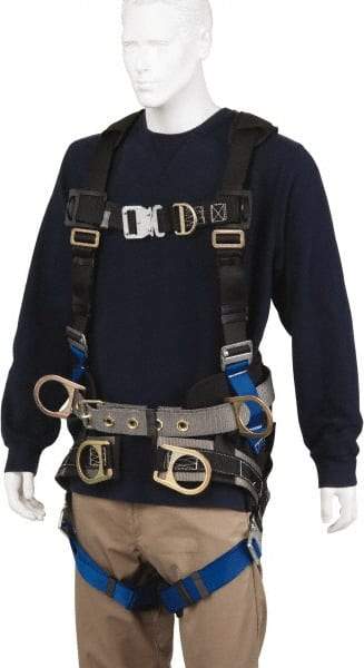 PRO-SAFE - 350 Lb Capacity, Size Universal, Full Body Tower Climbers Safety Harness - Polyester, Front D-Ring, Side D-Ring, Quick Connect Leg Strap, Quick Connect Chest Strap, Black/Blue - Makers Industrial Supply