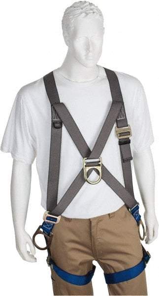 PRO-SAFE - 350 Lb Capacity, Size XXL, Full Body Cross-Over Safety Harness - Polyester, Front D-Ring, Side D-Ring, Pass-Thru Leg Strap, Pass-Thru Chest Strap, Gray/Blue - Makers Industrial Supply