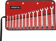 Proto - 13 Piece, 7mm to 19mm, 12 Point Reversible Ratcheting Combination Wrench Set - Metric Measurement Standard, Full Polish Chrome Finish, Comes in Tool Roll - Makers Industrial Supply