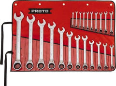 Proto - 22 Piece, 6mm to 36mm, 12 Point Reversible Ratcheting Combination Wrench Set - Metric Measurement Standard, Full Polish Chrome Finish, Comes in Tool Roll - Makers Industrial Supply