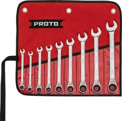 Proto - 9 Piece, 9/32" to 3/4", 12 Point Reversible Ratcheting Combination Wrench Set - Inch Measurement Standard, Full Polish Chrome Finish, Comes in Tool Roll - Makers Industrial Supply