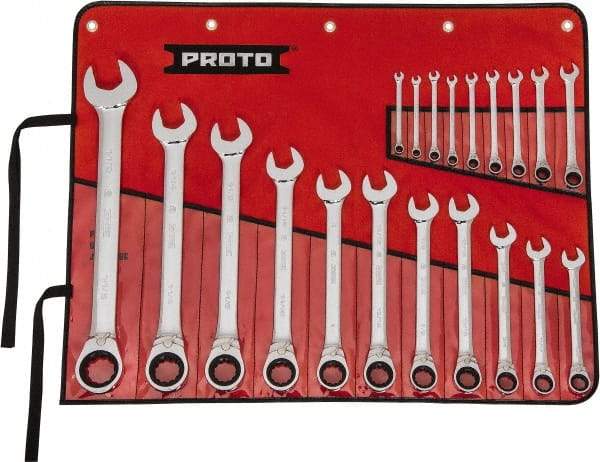 Proto - 20 Piece, 7/32" to 1-1/2", 12 Point Reversible Ratcheting Combination Wrench Set - Inch Measurement Standard, Full Polish Chrome Finish, Comes in Tool Roll - Makers Industrial Supply