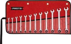 Proto - 12 Piece, 8mm to 19mm, 12 Point Ratcheting Combination Wrench Set - Metric Measurement Standard, Full Polish Chrome Finish, Comes in Tool Roll - Makers Industrial Supply