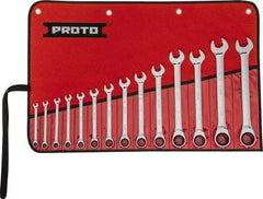 Proto - 14 Piece, 1/4" to 1", 12 Point Ratcheting Combination Wrench Set - Inch Measurement Standard, Full Polish Chrome Finish, Comes in Tool Roll - Makers Industrial Supply