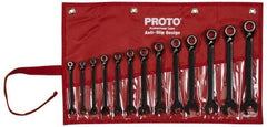 Proto - 13 Piece, 7mm to 19mm, 12 Point Short Ratcheting Reversible Combination Spline Wrench Set - Metric Measurement Standard, Black/Chrome Finish, Comes in Tool Roll - Makers Industrial Supply