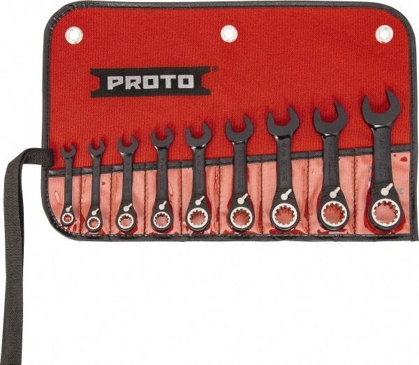 Proto - 9 Piece, 1/4" to 3/4", 12 Point Short Ratcheting Reversible Combination Spline Wrench Set - Inch Measurement Standard, Black/Chrome Finish, Comes in Tool Roll - Makers Industrial Supply