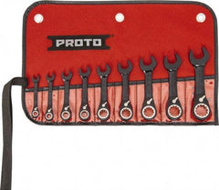 Proto - 9 Piece, 1/4" to 3/4", 12 Point Short Ratcheting Reversible Combination Spline Wrench Set - Inch Measurement Standard, Black/Chrome Finish, Comes in Tool Roll - Makers Industrial Supply