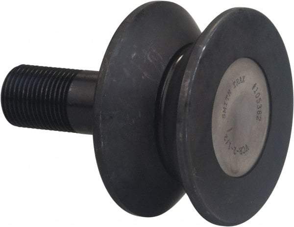 Accurate Bushing - 6-1/2" Roller Diam x 3" Width, 2" Stud Diam x 4-1/2" Length, V Guide Roller - Carbon Steel, 2-1/2" Thread Length, 2-12 Thread, 7-1/2" OAL, 35,800 Lb Dynamic Cap, 40,000 Lb Static Cap - Makers Industrial Supply