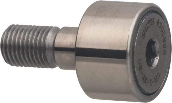 Accurate Bushing - 1" Roller Diam x 5/8" Width, 7/16" Stud Diam x 1" Length, Sealed Stud Cam Follower with Hex - Stainless Steel, 1/2" Thread Length, 7/16-20 Thread, 1.63" OAL, 1,560 Lb Dynamic Cap - Makers Industrial Supply