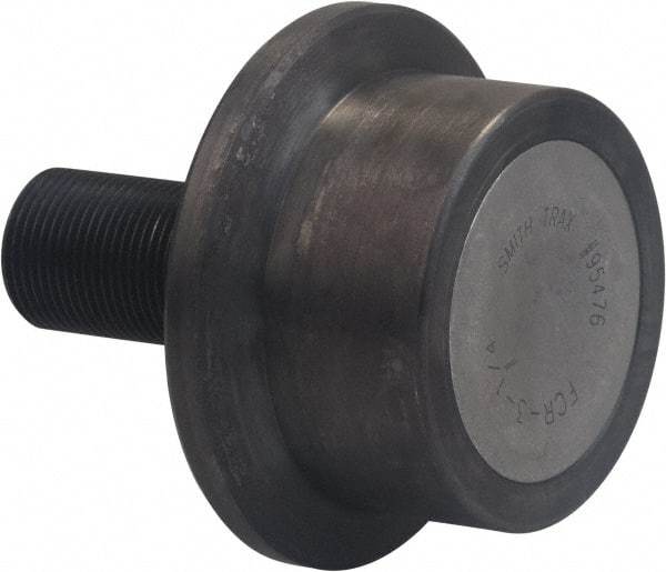 Accurate Bushing - 4-1/2" Roller Diam x 2" Width, 1-1/4" Stud Diam x 2-3/4" Length, Flanged Load Roller - Carbon Steel, 1-3/4" Thread Length, 1-1/4-12 Thread, 4-3/4" OAL, 14,300 Lb Dynamic Cap, 16,000 Lb Static Cap - Makers Industrial Supply