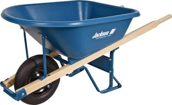 Jackson Professional Tools - 5.75 Cu Ft Capacity Wheelbarrow with 16" Pneumatic Wheel - Wood Handle, 59-1/4" Long x 29-1/2" Wide x 27-1/4" High, Blue - Makers Industrial Supply