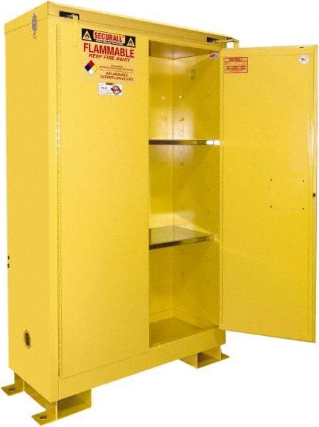 Securall Cabinets - 2 Door, 2 Shelf, Yellow Steel Standard Safety Cabinet for Flammable and Combustible Liquids - 71" High x 43" Wide x 18" Deep, Self Closing Door, 3 Point Key Lock, 45 Gal Capacity - Makers Industrial Supply