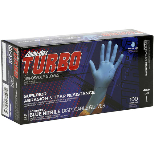 ‎63-332/XL Disposable Gloves - Ambi-Dex Turbo Disposable Nitrile - 5 mil Blue - Powdered - Textured Grip - Exact Industrial Supply