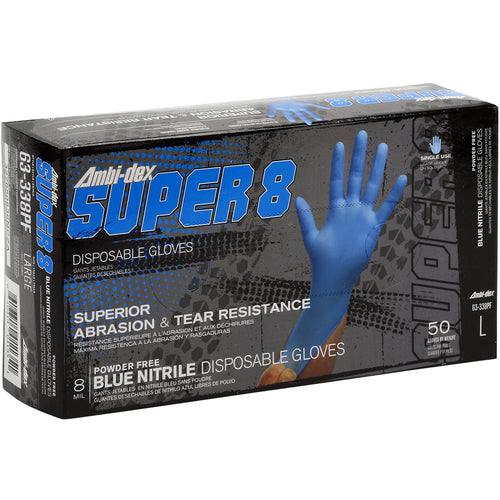 ‎63-338PF/M Disposable Gloves - Ambi-Dex Super 8 Disposable Nitrile 8 mil Blue - Powder Free - Text Grip - Exact Industrial Supply