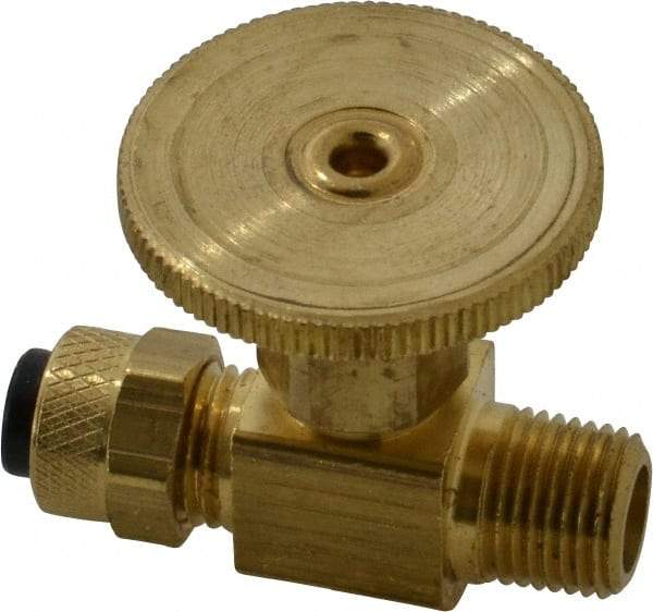 Parker - 1/4 x 1/8" Pipe, Inline Needle Valve - Poly-Tite x MNPTF Ends, Brass Valve, 150 Max psi - Makers Industrial Supply