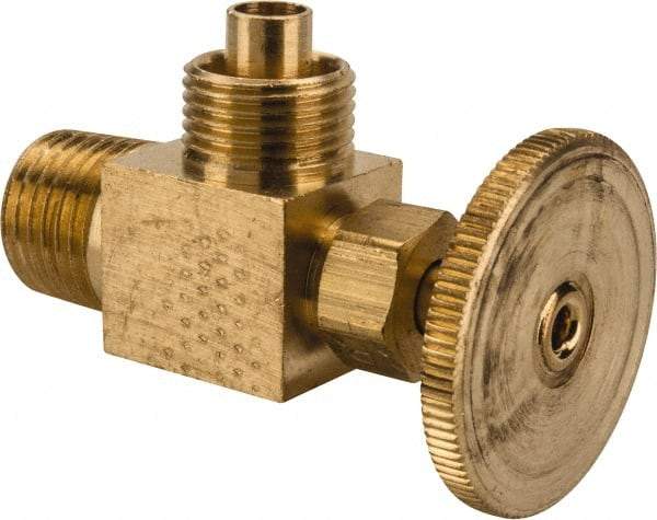 Parker - 3/8 x 1/4" Pipe, Angled Needle Valve - Poly-Tite x MNPTF Ends, Brass Valve, 150 Max psi - Makers Industrial Supply