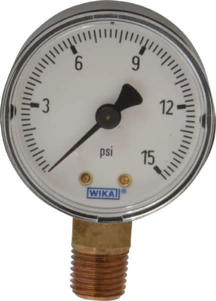 Wika - 2" Dial, 1/4 Thread, 0-15 Scale Range, Pressure Gauge - Lower Connection Mount, Accurate to 3-2-3% of Scale - Makers Industrial Supply