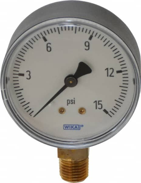 Wika - 2-1/2" Dial, 1/4 Thread, 0-15 Scale Range, Pressure Gauge - Lower Connection Mount, Accurate to 3-2-3% of Scale - Makers Industrial Supply