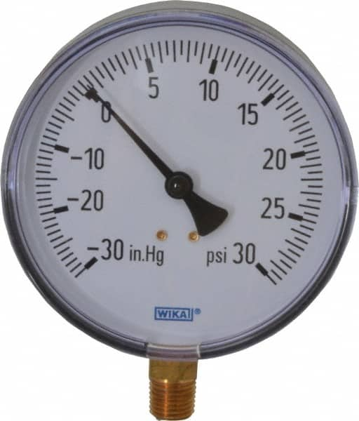 Wika - 4" Dial, 1/4 Thread, 30-0-30 Scale Range, Pressure Gauge - Lower Connection Mount, Accurate to 3-2-3% of Scale - Makers Industrial Supply