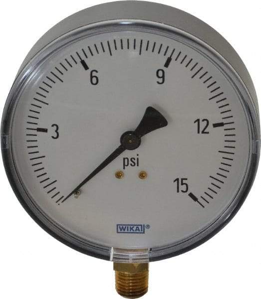 Wika - 4" Dial, 1/4 Thread, 0-15 Scale Range, Pressure Gauge - Lower Connection Mount, Accurate to 3-2-3% of Scale - Makers Industrial Supply