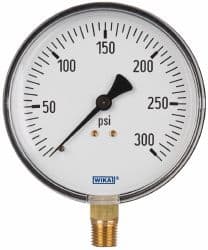 Wika - 4" Dial, 1/4 Thread, 0-300 Scale Range, Pressure Gauge - Lower Connection Mount, Accurate to 3-2-3% of Scale - Makers Industrial Supply