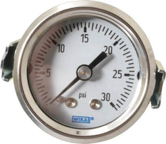 Wika - 1-1/2" Dial, 1/8 Thread, 0-30 Scale Range, Pressure Gauge - U-Clamp Panel Mount, Center Back Connection Mount, Accurate to 3-2-3% of Scale - Makers Industrial Supply