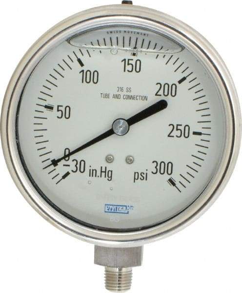 Wika - 4" Dial, 1/4 Thread, 30-0-300 Scale Range, Pressure Gauge - Lower Connection Mount, Accurate to 1% of Scale - Makers Industrial Supply