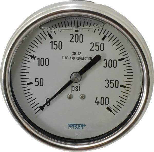 Wika - 4" Dial, 1/4 Thread, 0-400 Scale Range, Pressure Gauge - Lower Back Connection Mount, Accurate to 1% of Scale - Makers Industrial Supply