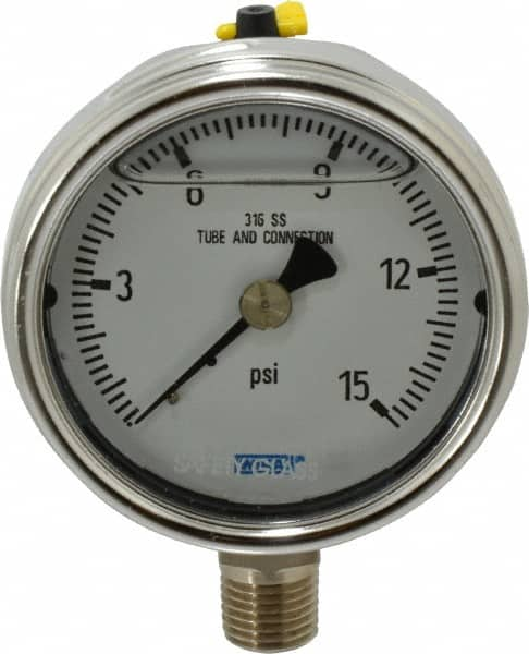 Wika - 2-1/2" Dial, 1/4 Thread, 0-15 Scale Range, Pressure Gauge - Lower Connection Mount, Accurate to 2-1-2% of Scale - Makers Industrial Supply