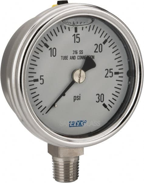 Wika - 2-1/2" Dial, 1/4 Thread, 0-30 Scale Range, Pressure Gauge - Lower Connection Mount, Accurate to 2-1-2% of Scale - Makers Industrial Supply