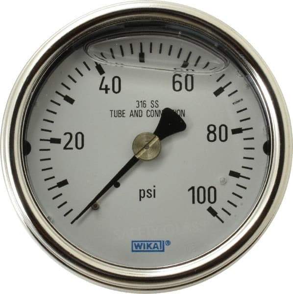 Wika - 2-1/2" Dial, 1/4 Thread, 0-100 Scale Range, Pressure Gauge - Center Back Connection Mount, Accurate to 2-1-2% of Scale - Makers Industrial Supply