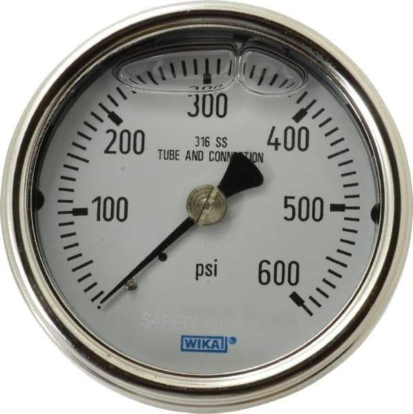 Wika - 2-1/2" Dial, 1/4 Thread, 0-600 Scale Range, Pressure Gauge - Center Back Connection Mount, Accurate to 2-1-2% of Scale - Makers Industrial Supply