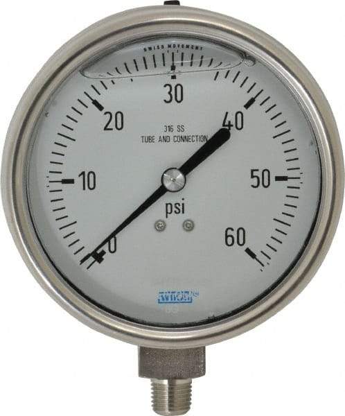 Wika - 4" Dial, 1/4 Thread, 0-60 Scale Range, Pressure Gauge - Lower Connection Mount, Accurate to 1% of Scale - Makers Industrial Supply