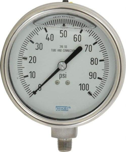 Wika - 4" Dial, 1/4 Thread, 0-100 Scale Range, Pressure Gauge - Lower Connection Mount, Accurate to 1% of Scale - Makers Industrial Supply