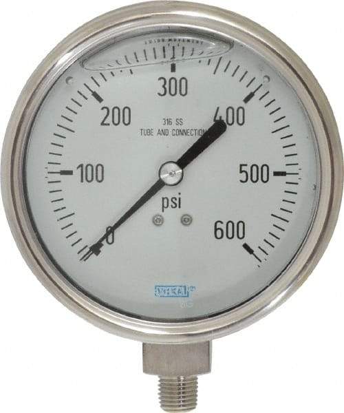 Wika - 4" Dial, 1/4 Thread, 0-600 Scale Range, Pressure Gauge - Lower Connection Mount, Accurate to 1% of Scale - Makers Industrial Supply