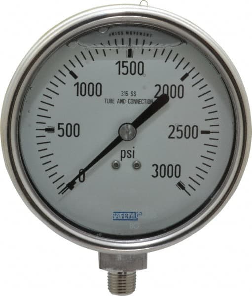 Wika - 4" Dial, 1/4 Thread, 0-3,000 Scale Range, Pressure Gauge - Lower Connection Mount, Accurate to 1% of Scale - Makers Industrial Supply