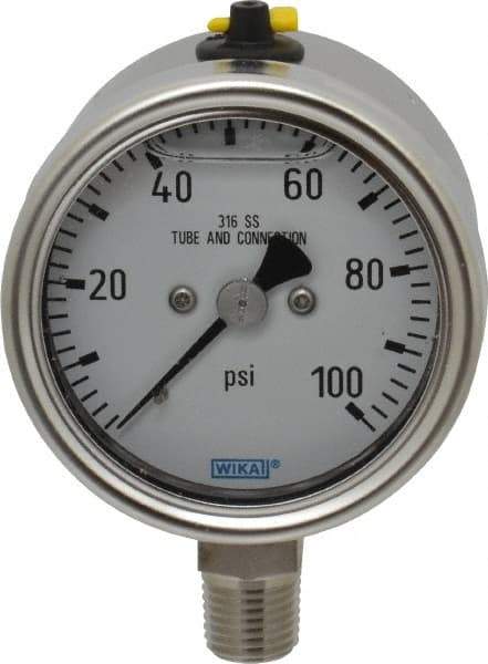 Wika - 2-1/2" Dial, 1/4 Thread, 100 Scale Range, Pressure Gauge - Lower Connection Mount, Accurate to 2-1-2% of Scale - Makers Industrial Supply