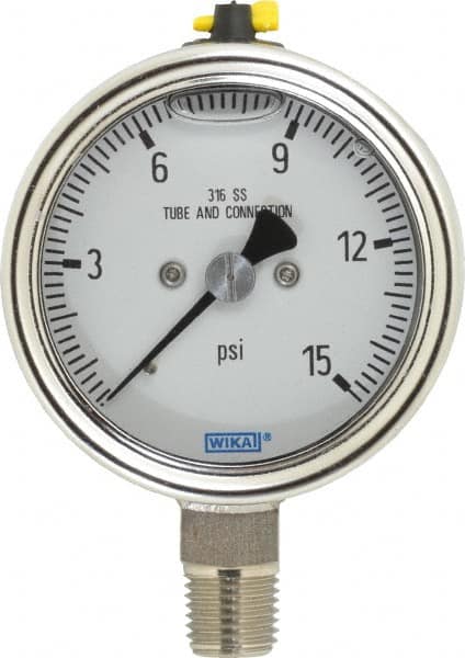 Wika - 2-1/2" Dial, 1/4 Thread, 15 Scale Range, Pressure Gauge - Lower Connection Mount, Accurate to 2-1-2% of Scale - Makers Industrial Supply