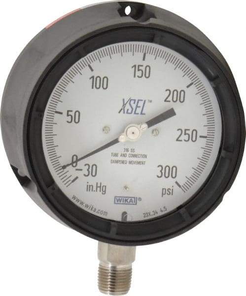 Wika - 4-1/2" Dial, 1/2 Thread, 30-0-300 Scale Range, Pressure Gauge - Lower Connection Mount, Accurate to 0.5% of Scale - Makers Industrial Supply