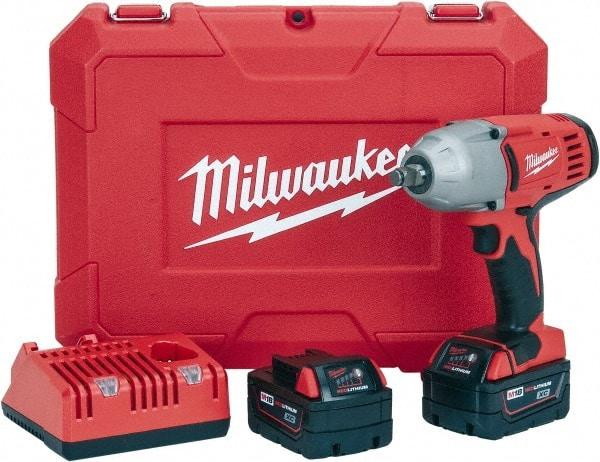 Milwaukee Tool - 1/2" Drive 18 Volt Pistol Grip Cordless Impact Wrench & Ratchet - 0 to 1,900 RPM, 0 to 2,200 BPM, 450 Ft/Lb Torque, 2 Lithium-Ion Batteries Included - Makers Industrial Supply