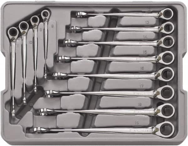 GearWrench - 12 Piece, 8mm to 19mm, 12 Point Ratcheting Combination Wrench/X-Beam Set - Metric Measurement Standard, Chrome Finish, Comes in Plastic Tray - Makers Industrial Supply